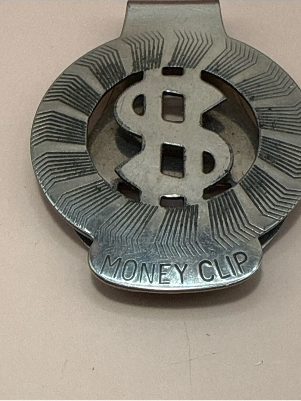 Vintage Circle Dollar Sign Money Clip Men ID Credit Card Holder Silver Toned